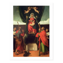 Madonna und Kind inthronisiert mit vier Heiligen,  Postkarte