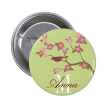 Malvenfarbenes Blumen-Vogel-Name-Knopf-Grün Buttons