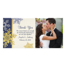 Marine-Blau-Goldschneeflocke-Winter-Hochzeit danke Foto Grußkarte