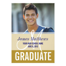 Modern Blue, Gold Graduate Photo Invite