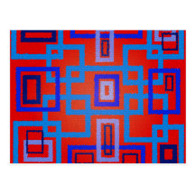 Moderne blaue Quadrate auf rotem Hintergrund Postkarte