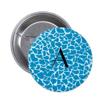Monogram blue giraffe print pinback button