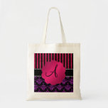 Monogram purple glitter damask pink stripes tote bag