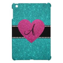 Monogram turquoise glitter pink heart iPad mini covers