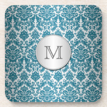 Monogramm-aquamarines und silbernes Damast-Unterse