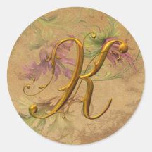 Monogramm-Hochzeits-Siegel KRW-Vintages Blumengold Runde Aufkleber