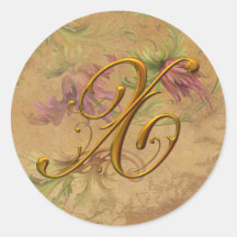 Monogramm-Hochzeits-Siegel KRW-Vintages Blumengold Runder Sticker