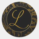 Monogramm L Gold und schwarzes Damast-Hochzeits-Si Sticker