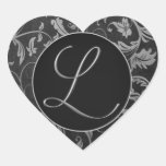 Monogramm L Silber und schwarzes Damast-Hochzeits- Herzaufkleber