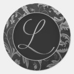 Monogramm L Silber und schwarzes Damast-Hochzeits- Aufkleber