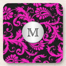 Monogramm-rosa schwarzes silbernes Damast-Unterset