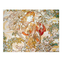 Mucha Frau mit Gänseblümchen-Kunst Nouveau Postkar