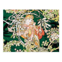 Mucha Kunst Nouveau: Frau mit Gänseblümchen Postkarten