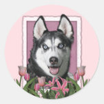 Mutter-Tag - rosa Tulpen - sibirischer Husky Aufkleber