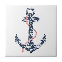 Navy and Coral Anchor Beach Wedding Ceramic Tiles