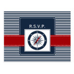 navy stripes, compass, nautical wedding rsvp postkarten