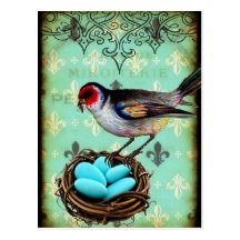 Nest-Shabby Chic-Postkarte Fleur Di Lis Bird
