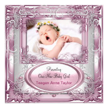Neues Baby-Mitteilungs-Rosa-Silber Personalisierte Einladungskarte