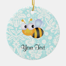 Niedliche Biene; Aquamarines Damast-Muster Weihnachtsornament