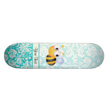 Niedliche Biene; Aquamarines Damast-Muster Bedruckte Skateboarddecks
