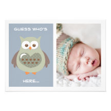 NIEDLICHE BLAUE EULEN-BABY-MITTEILUNGS-FOTO-KARTE INDIVIDUELLE EINLADUNGSKARTE