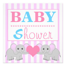 Niedliche Elefant-Baby-Rosa-u. Weiß-Zwillings-Baby Personalisierte Einladungskarten