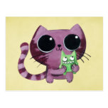 Niedliche Kitty-Katze mit kleinem grünem Monster Postkarte