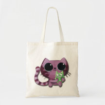 Niedliche Kitty-Katze mit kleinem grünem Monster Einkaufstaschen