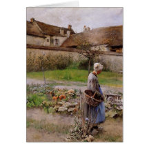 Oktober mit Frau in ihrem Garten Grußkarten