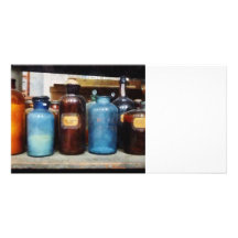 Orange, Brown und blaue Flaschen Chemikalien Foto Grußkarte