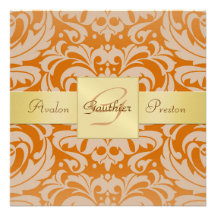 Orange Damast-Monogramm-Goldband-Einladung