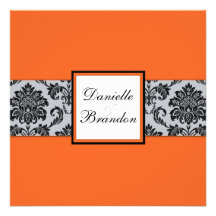 Orange Damast-Monogramm-Hochzeits-Einladung