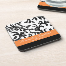 Orange und schwarzes Blumendamast-Muster Getränke Untersetzer