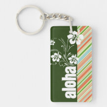 Peach & Forest Green Striped; Aloha Acrylic Keychain