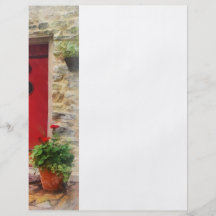 Pelargonien durch rote Tür Flyerdesign
