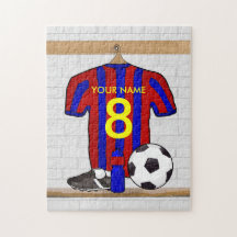 Personalisierter roter und blauer Fußballfußball J Jigsaw Puzzle