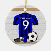 Personalisierter schwarzer und blauer Fußballfußba Ornament
