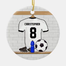 Personalisierter weißer und schwarzer Fußballfußba Weihnachtsbaum Ornament