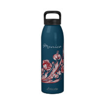 Personalisiertes Vintages Blumen-Rot und Blau Wasserflasche