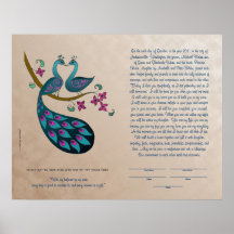 Pfau-Peahen in Liebe ketubah, malvenfarben Plakatdruck