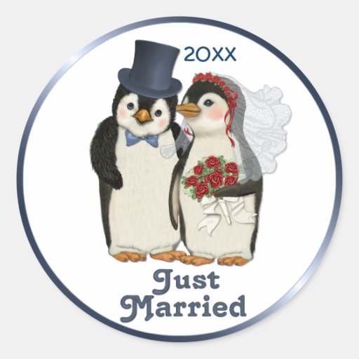 Pinguin-Hochzeit Runde Aufkleber