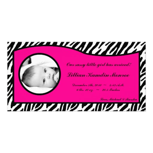 Pink4x8 zebra-Druck-Foto-Geburts-Mitteilung Photokartenvorlage