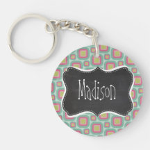 Pink and Mint Retro Pattern; Vintage Chalkboard Key Chain