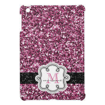Pink Faux Glitter with Girly Monogram and Name iPad Mini Cases