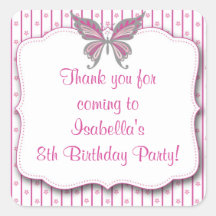 Pink & Gray Butterfly Birthday Party Favor Sticker