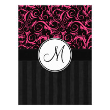 Pink on Black Floral Wisps, Stripes with Monogram Personalized Announcements