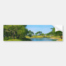 Pond Scene with Blue Skies and Clouds Bumper Sticker
