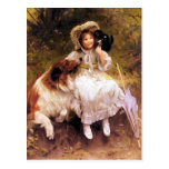 Postkarte: Collie-Hund, Mädchen und Katze