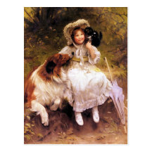 Postkarte: Collie-Hund, Mädchen und Katze