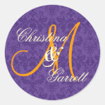 Purple and Gold Damask Wedding Custom Monogram V1 Stickers